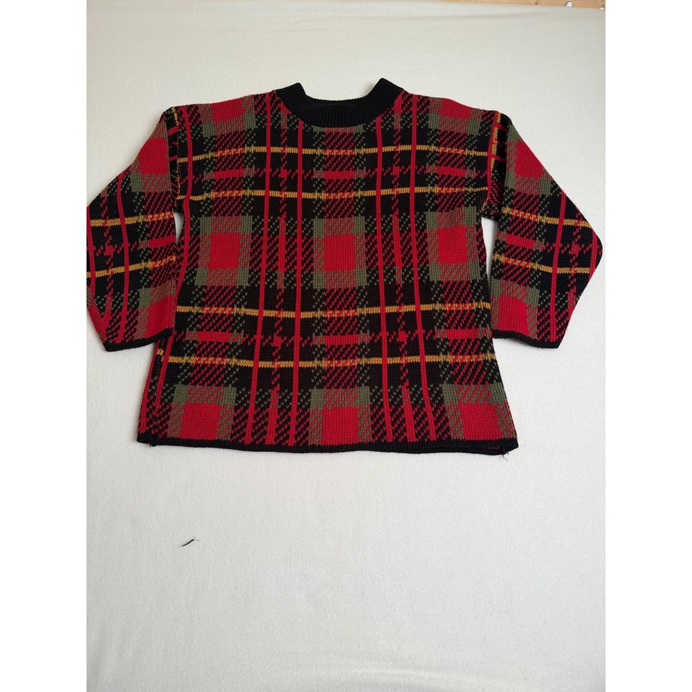 Vintage Croquet Club Plaid Knit Sweater Red Black Green Made in USA Large